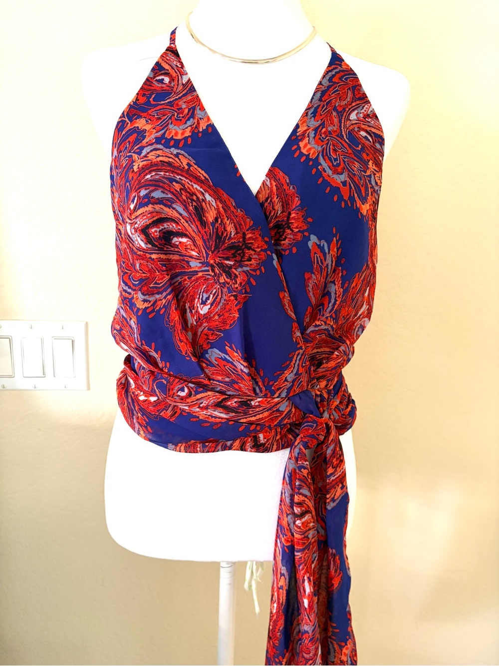WHBM Women’s Wrap Halter Top in Blue and Red w/ Long Tie